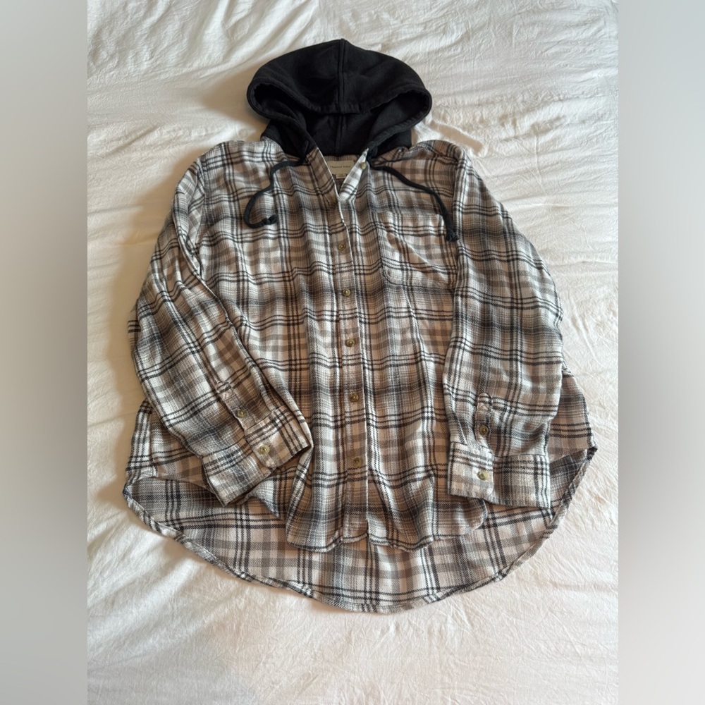 american eagle hooded flannel, size: large, color: black/gray, worn once